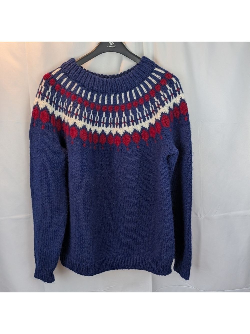 Vintage Handmade Men's Sweater in Navy and Red Pattern Size L (By Measurements)